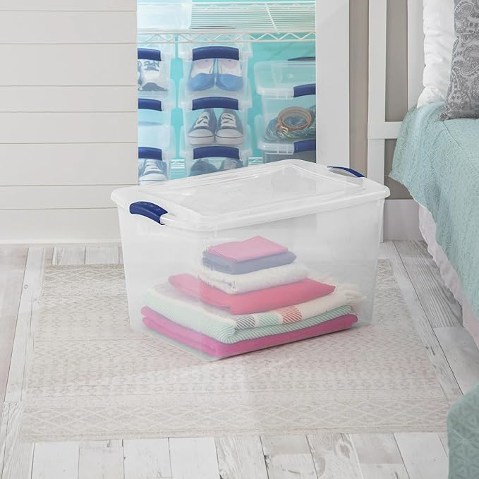 2 Pack 66 Quart Durable Storage Bin – Clear Plastic Container with Secure Blue Latch Lid, Stackable for Home, Closet, Garage, Basement & Attic Organization