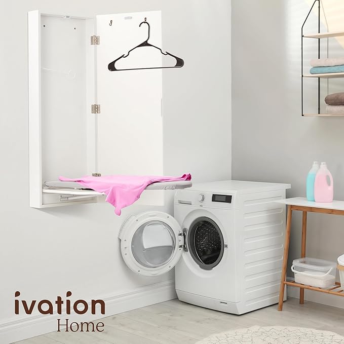 Ivation Wall-Mounted Swivel Ironing Board Cabinet, Foldable Ironing Storage Station for Home, Apartment, Easy-Release Lever, Garment Hooks, White