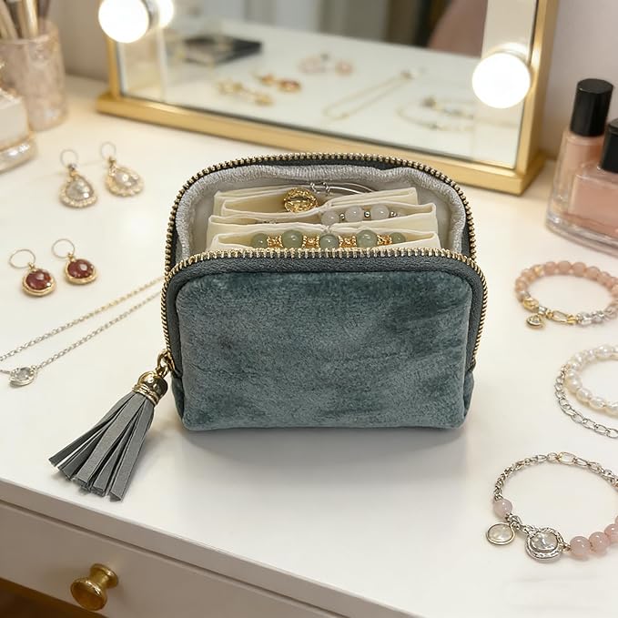 Small Travel Jewelry Case - Jewelry Travel Organizer Bag with Tassel Zipper for Bracelets, Necklaces, Bangles, Jewelry Organizer Storage Bag Gift for Women Girls - LJB001-Mint Blue