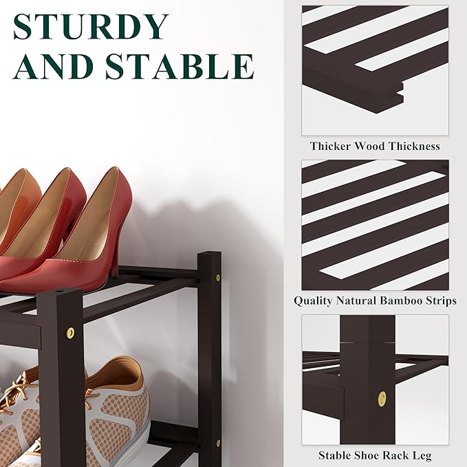 Smiry Bamboo Shoe Rack for Closet, 4 Tier Small Wooden Stackable Shoe Organizer, Free Standing Shoes Storage Shelf for Entryway, Front Door Entrance, Brown