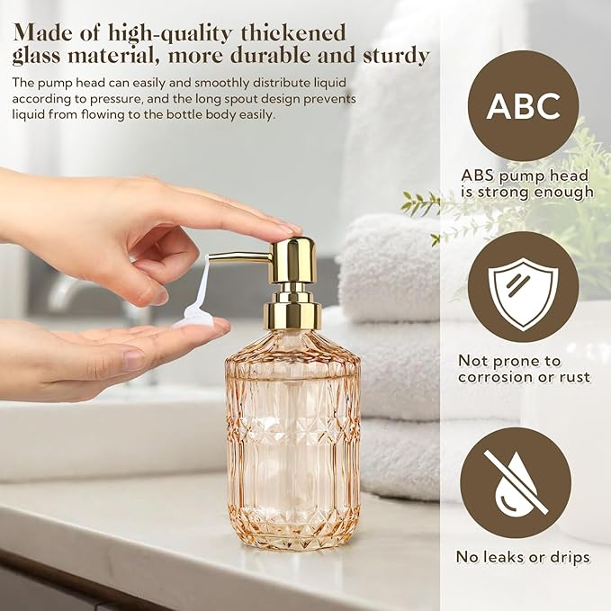 6 Pack Glass Soap Dispenser with Pump 15.2 oz Refillable Liquid Hand Soap Dish Soap Dispensers Vintage Soap Dispenser Liquid Bottle for Kitchen Sink Bathroom Counter(Gold,Gold Pump Head)