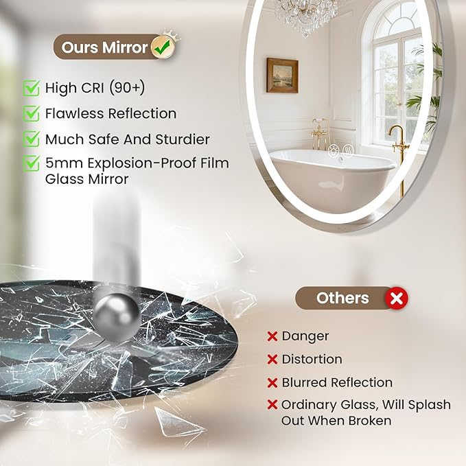 36''x24'' Oval LED Bathroom Mirror with Lights, Anti-Fog, 3 Colors Temperature & Dimmable, Lighted Mirrors for Bathroom Wall with Memory Function