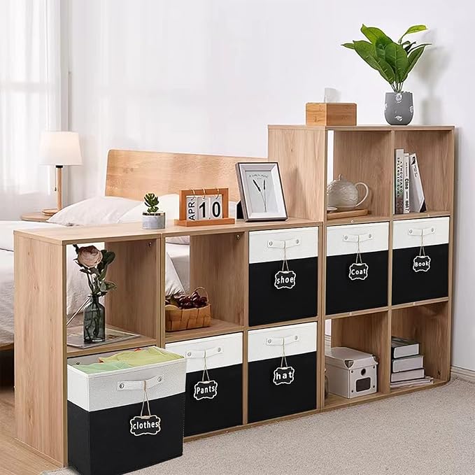 11 cube storage bins,Set of 4 Collapsible Fabric Storage Cubes with Labels,Linen Cube Storage Organizer Bins Kallax Storage Cubes for Organizing Office,Shelves,Nursery Toys,Clothes(White Black).