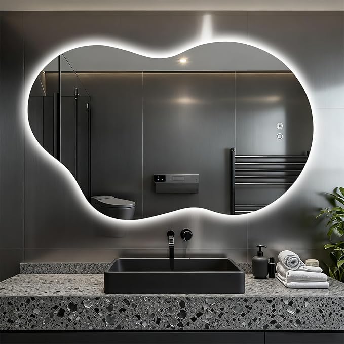 Asymmetrical Lighted Mirror for Bathroom,Modern LED Vanity Mirror with Backlit,Fog-Free,Tri-Color Dimmable Lighting with Memory Function,Hardwire Ready [Horizontal/Vertical] 48" H x 30" W