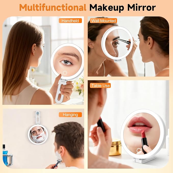Travel Makeup Mirror with Lights, Lighted Magnifying Mirror 10X, 4-in-1 Portable for Handheld, Tabletop, Hanging and Wall Mount with Suction Cup and 3 Color Light, Ideal Gift for Women and Seniors