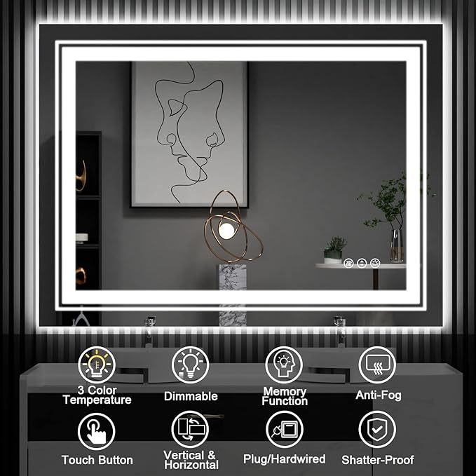 23.6" x 31.5" LED Bathroom Mirror with Lights, Front and Backlit Mirror, Anti-Fog Lighted Vanity Mirror, Stepless Dimmable, 3 Colors LED Mirror (Horizontal/Vertical)