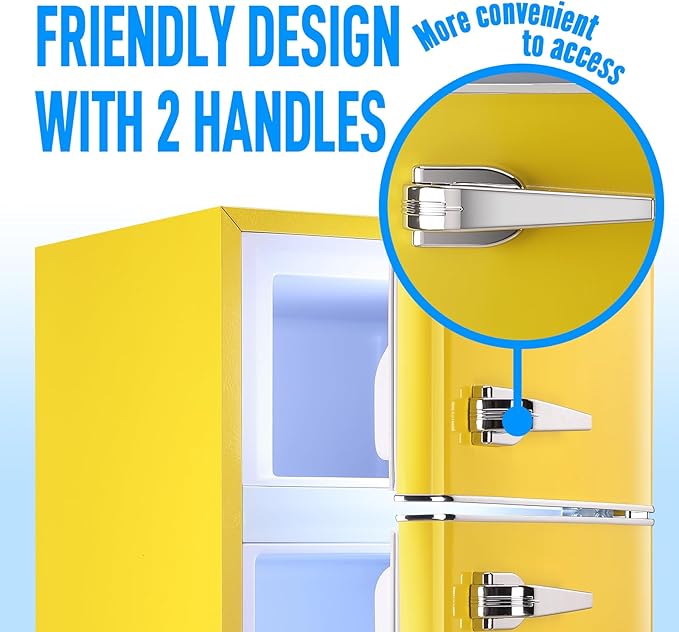 WANAI 2 Door 2 Handle Mini Refrigerator with Freezer-on-top, Spacious 3.5 Cubic Feet Capacity Small Fridge with 7-Level Adjustable Thermostat & 2 Removable Shelves Yellow