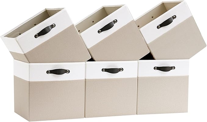 Storage Cube Bins | 7.7 oz/yd² Fabric Cubby Organizer Baskets for Shelf, Bookcase, Closet, Cabinet, Wardrobe | 11x11 Cube Drawer | 6 Pack, Beige & White, 10.5x10.5x11 Inch