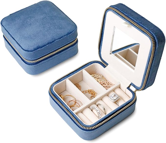 Customizable Compact Velvet Jewelry Box with Mirror, Travel Jewelry Case, Travel Jewelry Organizer, Jewelry Box for Women and Girls, Small Jewelry Organizer (Center Text, Coral Blue)