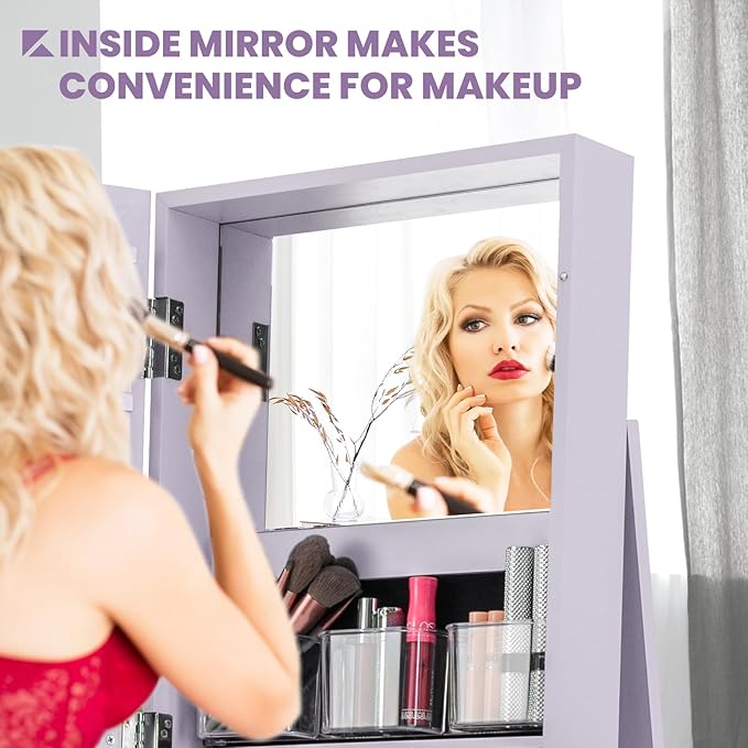 CHARMAID 360° Swivel Jewelry Armoire with Full Length Mirror, Standing Lockable Jewelry Cabinet Organizer, Large Storage Capacity, Inside Makeup Mirror, Back Storage Shelves (Lavender)