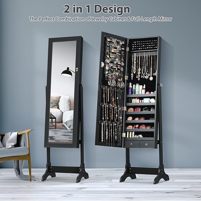 COSTWAY Standing Jewelry Armoire Cabinet, 4-Angle Tilting Jewelry Organizer with Full-Length Mirror and Large Storage Capacity, Lockable Jewelry Cabinet for Bedroom, Dressing Room (Black)