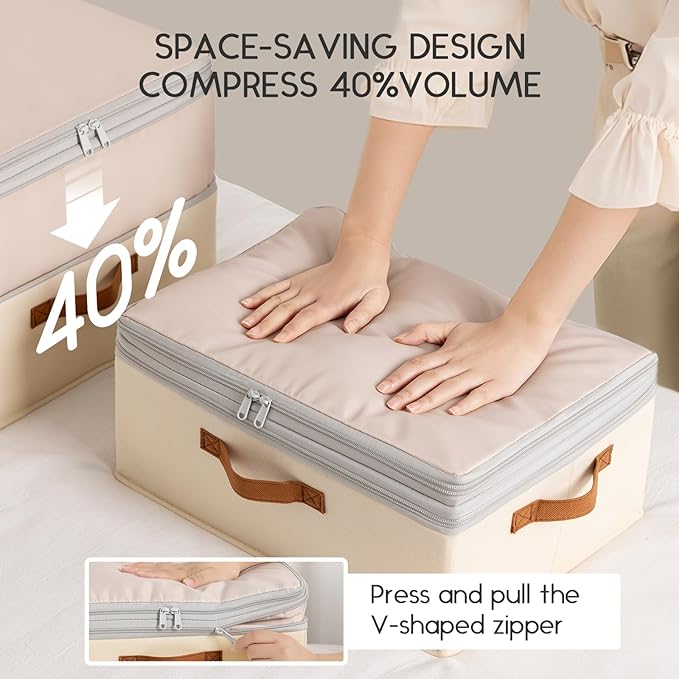 Large Closet Storage Bins - Compression Organizer Bins, Stackable Closet Organizer, Expandable Under Bed Storage Containers for Clothes, Towels, Sheet, 4 Pack, Beige