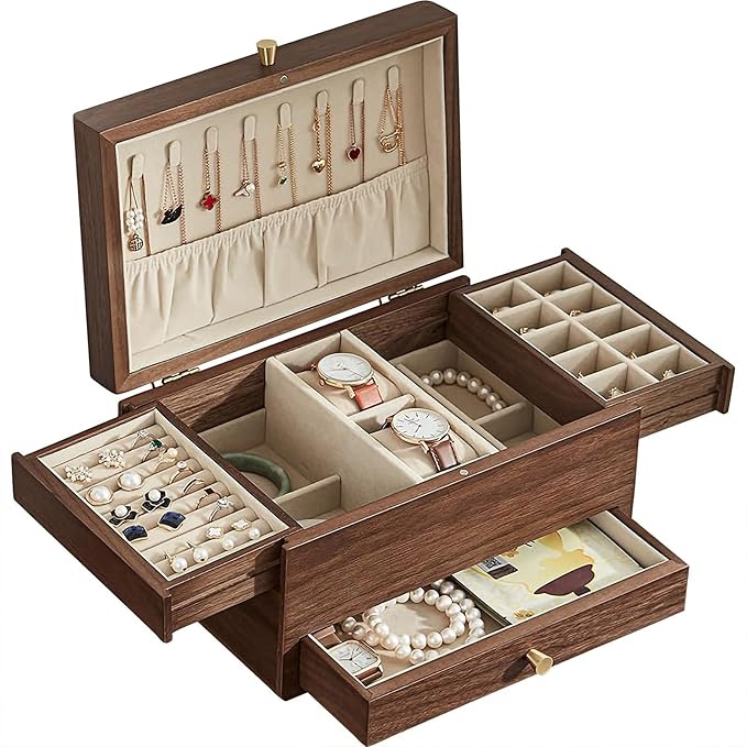 Wooden Jewelry Box for Women, 3 Level Multi-functional Drawers Black Walnut Jewelry Organizer Box, Watch, Necklace, Ring, Earring Storage - Valentine's Day Gifts (No Mirror)