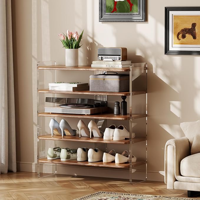 Free Standing Shoe Rack, Closet Shoe Storage Shelves for Entryway Small Space, Garage & Living Room, Wooden Shoe Stand, 5-Tier Modern Shoe Organizer, Solid Wood & Acrylic Frame with Top Shelf