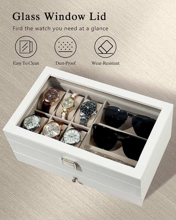 GUKA Watch box, 6 Slot Watch Case, 3 Slot Sunglass Organizer, Watch Cases for men with Real Glass Lid, Watch Organizer storage with Jewelry Case, Birthday for Men and Women,