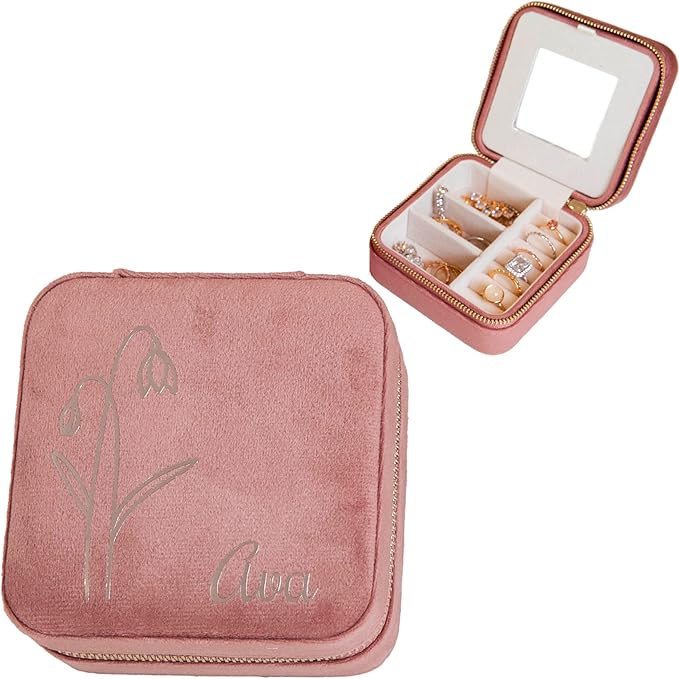 Customizable Compact Velvet Jewelry Box with Mirror, Travel Jewelry Case, Travel Jewelry Organizer, Jewelry Box for Women and Girls, Small Jewelry Organizer (Flower Design, Nude Pink)