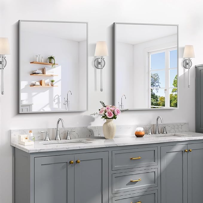 Silver Bathroom Mirror for Wall, 24x32 Inch Rectangle with Metal Frame, Modern Vanity for Bathroom Living Room, Entryway Hangs Horizontal or Vertical