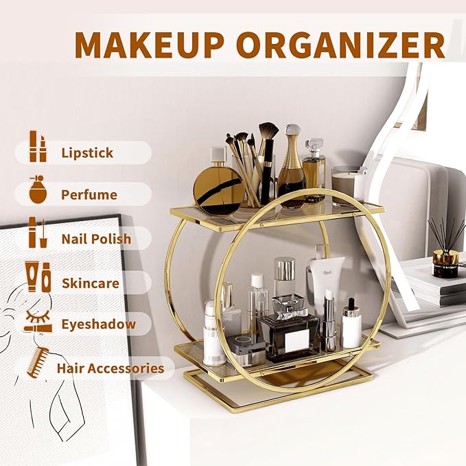 Perfume Organizer for Dresser, 2 Tier Bathroom Counter Organizers and Storage, Gold Makeup Organizer for Vanity, Bathroom Accessories & Decor, Skincare Perfume Trays Cosmetic Display Holder