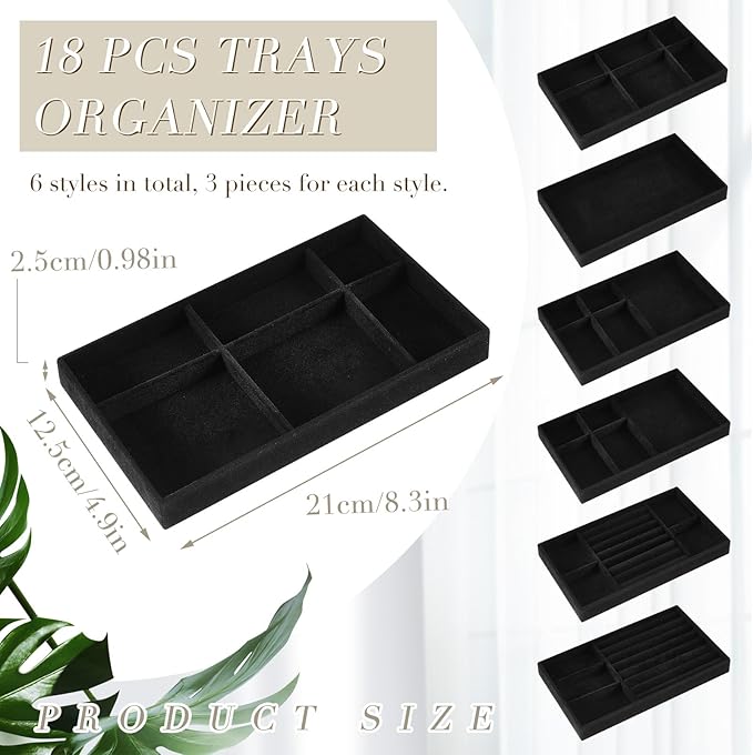 Junkin 18 Pcs Velvet Jewelry Tray Stackable Jewelry Drawer Organizer Jewellery Box Divided Display Tray for Earring Bangle(Black)