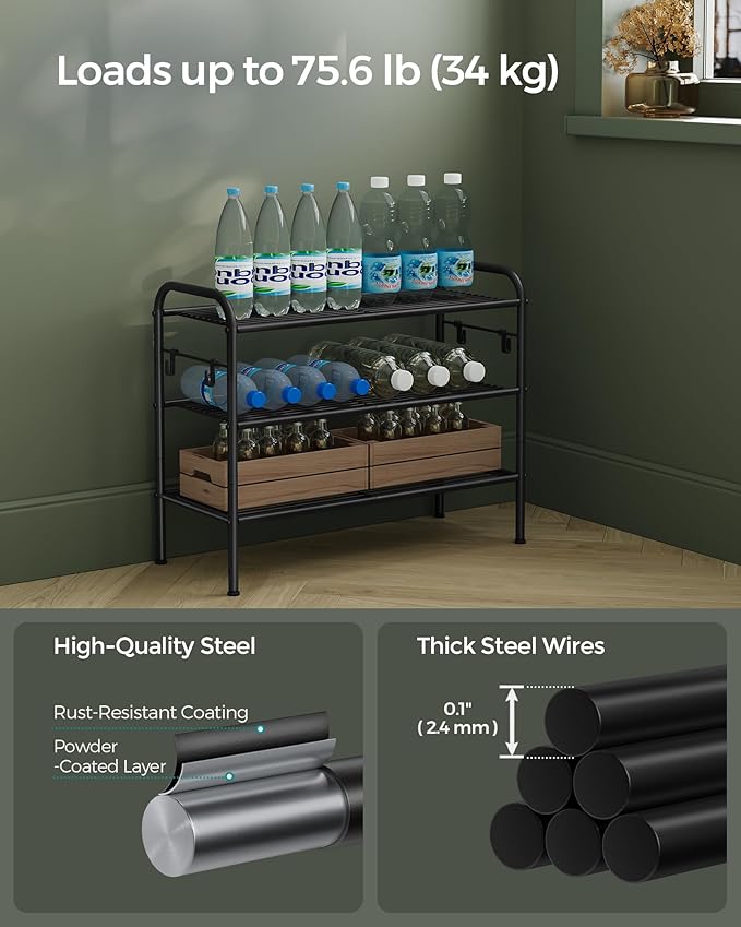 SONGMICS Shoe Rack, 3-Tier Shoe Organizer, Metal Shoe Shelf Storage with 4 Side Hooks, Holds 12 Pairs of Shoes, Height-Adjustable Shoe Rack for Entryway, Hallway, Closet, Ink Black ULMR068B01