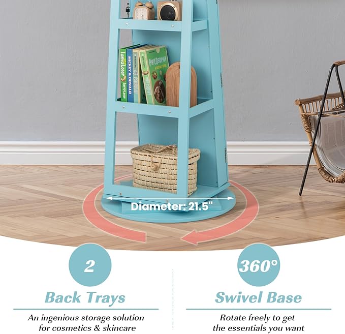 Mirror Jewelry Cabinet Standing with Full Length Mirror, 360° Swivel Jewelry Armoire with 3-Color LED Lights & Foldable Makeup Shelf, Lockable Organizer for Women, Space-Saving (Sky Blue)