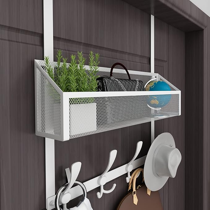 Over The Door Hooks Organizer, Coat Rack Over The Door Storage Hanger Towel Rack, Back of Door Storage Organizer for Bathroom,Bedroom,Kitchen,Office (White, 2-Tier)