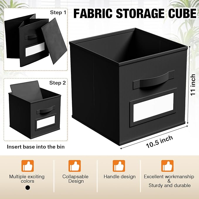 10 Pcs Fabric Storage Cubes with Labels 11 Inch Collapsible Cube Organizer Baskets with Window Cards for Shelf Nursery Clothes Book Toys Storage Bin(Black)