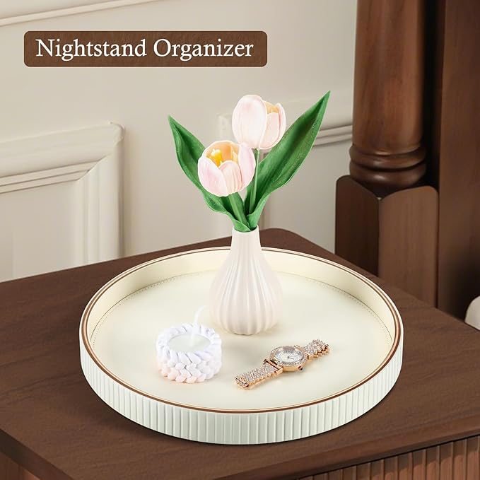 GORESE 12" Round Decorative Serving Tray for Coffee Table, PU Leather Compact Table Tray for Home Decor, Nightstand Valet Tray for Jewelry, Perfume & Keys, Cream White
