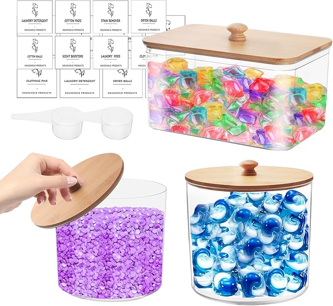 3 Pack Laundry Room Organization Storage Containers, Clear Large Laundry Detergent Powder Storage Containers with Wooden Lids & 16 Labels,Laundry Pods Holder for Scent Booster,Powder,Pods