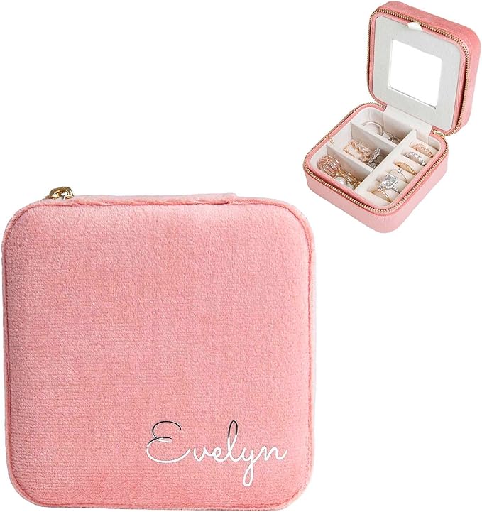 Customizable Compact Velvet Jewelry Box with Mirror, Travel Jewelry Case, Travel Jewelry Organizer, Jewelry Box for Women and Girls, Small Jewelry Organizer (Bottom Right Text, Coral Pink)
