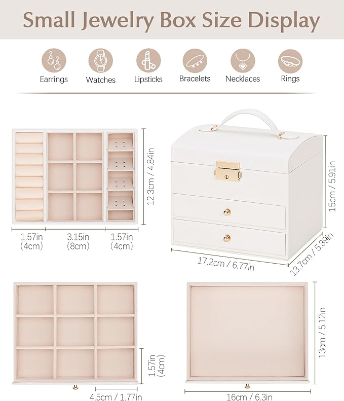Homde Women Jewelry Box with Lock: 3 Layers Modern Organizer - White Storage for Ring Necklace Earring - Birthday Christmas Gifts for Girls
