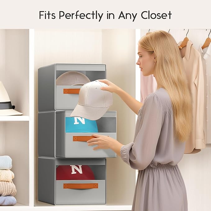 Hat Organizer for Baseball Caps - 2 Pack Pull-Out Drawer Hat Storage Organizer Box with Clear Window, Stackable Closet Cap Holder, Baseball Cap Organizer for Closet, Bedroom, Home, Gray