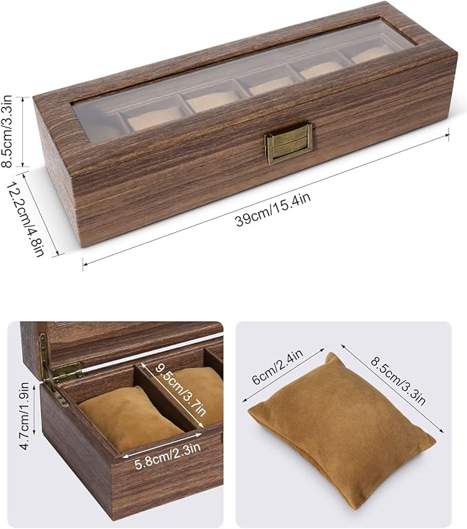 Uten Watch Box 6 Slots, Watch Case Organizer with Real Glass Lid, Wood Grain PU Leather Watch Display Storage Box with Removable Imitation Suede Watch Pillows, Metal Clasp