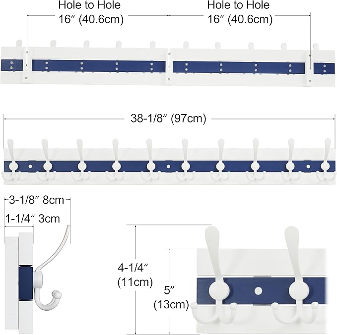 SKOLOO Coastal Wall Mounted Coat Rack - 38-1/8" Beach House Entryway Wooden Coat Hook with 10 Hooks for Hanging Coats, Hats or Towels, Oceanfront Cottage Core Collection, White & Blue