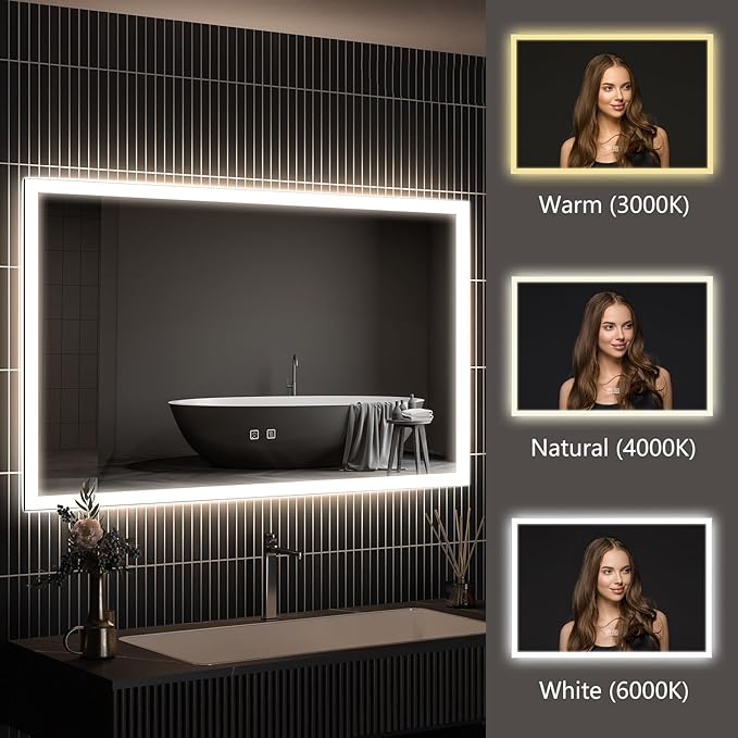APRILSOUL 48x36 Inch LED Mirror for Bathroom, Led Vanity Mirror with Front and Backlit, 3 Color Lights, Memory Function, Anti-Fog and Dimmable Light (Horizontal/Vertical)