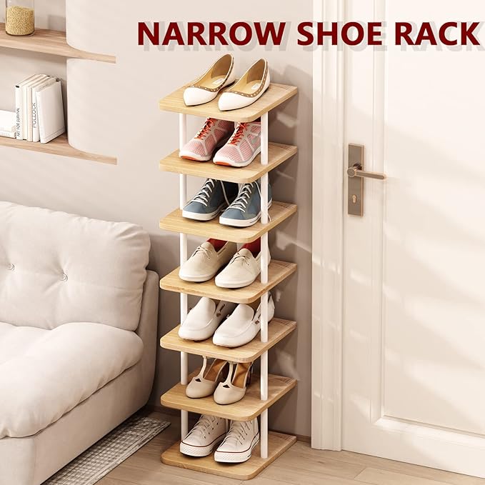 AZERPIAN Shoe Rack 7 Tier Vertical Storage Organizer Narrow Metal Slim Shelf Modern Free Standing Shoe Tower Saving Space for Closet Entryway Bedroom,White