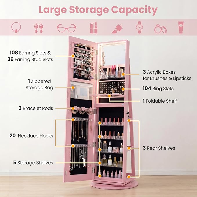 CHARMAID 360° Rotating Jewelry Armoire with LED Lighted Full Length Mirror & Built-in Vanity Mirror, Lockable Standing Jewelry Cabinet with Lights, Large Storage Organizer for Jewelry (Pink)