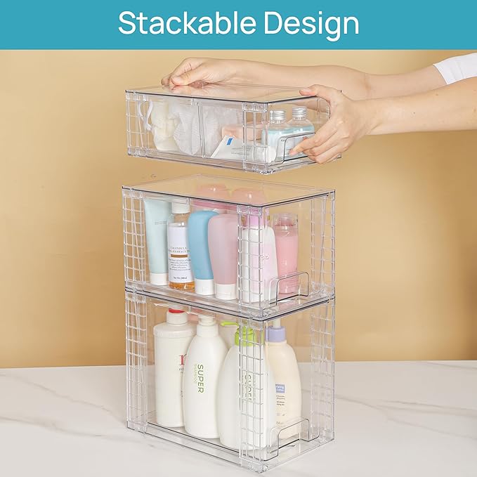 Vtopmart 3 Pack Clear Stackable Storage Drawers,Easy to Assemble Bathroom Organizers and Storage with handles,Plastic Drawers for Kitchen Pantry,Cabinet,Under Sink Organization