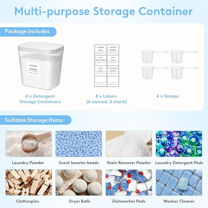 Lifewit Laundry Pods Container with Pop-up Lid, Detergent Dispenser, Dryer Sheet Holder, Laundry Room Organization Storage Jars for Washing Powder, Soap, Scent Booster Beads,0.72gal, 4 Pcs