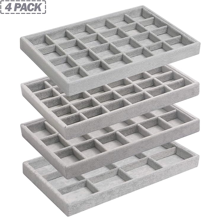 DIOMMELL Set of 4 Stackable Velvet Jewelry Trays Organizer, Jewelry Display Storage Box Showcase Holder Dresser Drawer Organizer for Earring Necklace Bracelet Ring Accessary, Grey