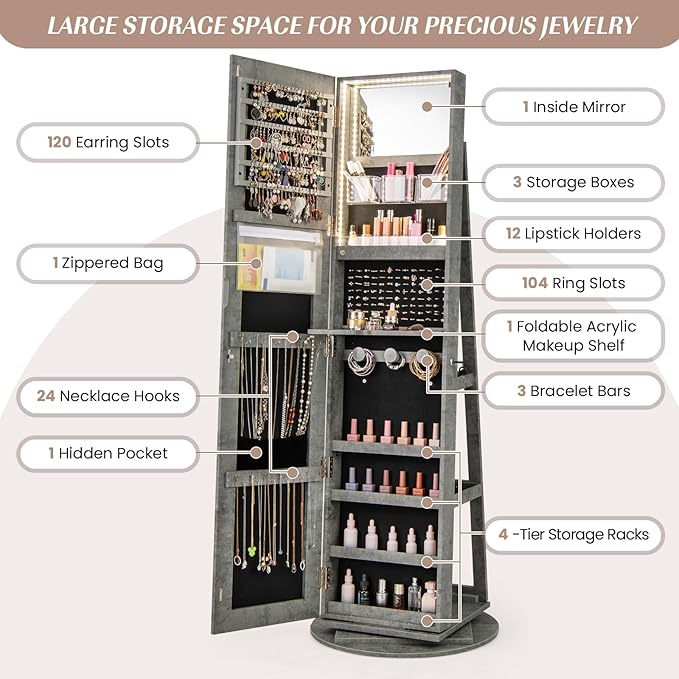 Mirror Jewelry Cabinet Standing with Full Length Mirror, 360° Swivel Jewelry Armoire with 3-Color LED Lights & Foldable Makeup Shelf, Lockable Organizer for Women, Space-Saving (Stone Gray)