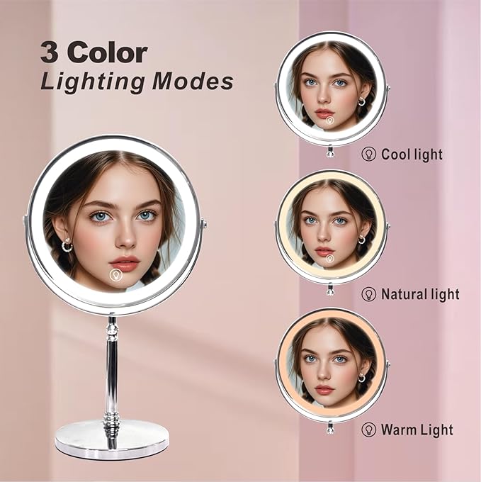Makeup Mirror with Lights ，8 Inch 1X/10X Rechargeable Double Sided Magnifying, 360° Rotation LED HD Mirror with 3 Colors，Brightness Adjustable, Gifts for Wowen & Men
