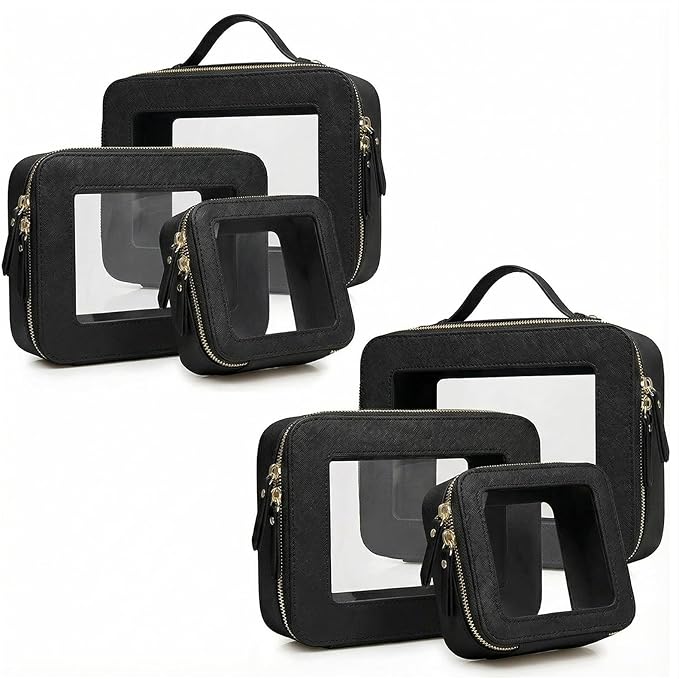 Makeup Bag | Transparent Toiletry Bag | Portable Waterproof Makeup Storage Bag | Travel-Specific Skincare Storage Bag | 2 Sets,L+M+MINI (Black)