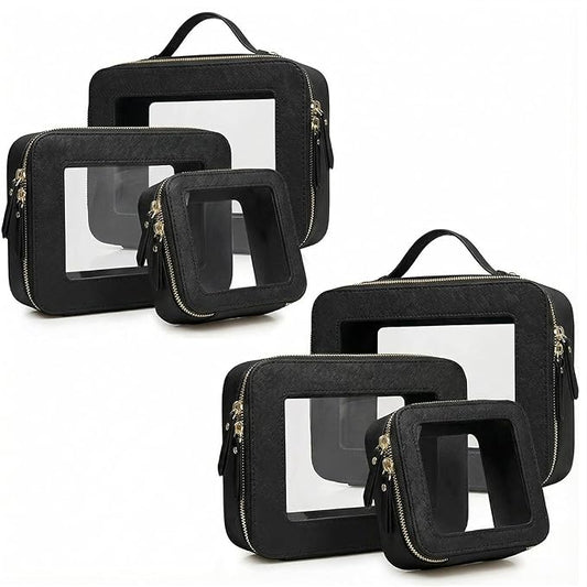 Makeup Bag | Transparent Toiletry Bag | Portable Waterproof Makeup Storage Bag | Travel-Specific Skincare Storage Bag | 2 Sets,L+M+MINI (Black)