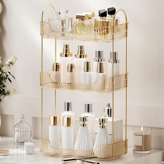 YCIA&DONE Bathroom Organizer Countertop, Makeup Storage, Skincare Cosmetic Tray Shelf, Perfume Holder Rack for Vanity Counter, Large Capacity, Easy to Install, Clean, 3 Tiers, Amber Gold