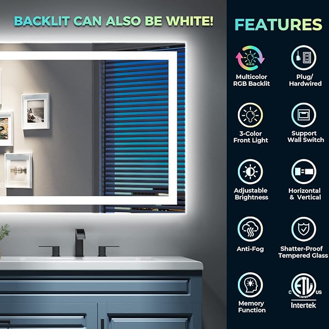 60x40 Inch RGB LED Bathroom Mirror Front Light and RGB Backlit Lighted Vanity Mirror for Bathroom Wall Mounted Dimmable Anti Fog Memory Shatter-Proof IP54 Waterproof Horizontal/Vertical