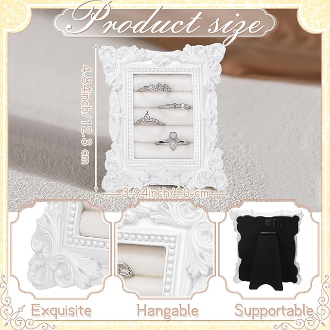 Vintage Ring Holder Rectangle White Ring Display Stand Frame Earring Display Tray Anniversary Engagement Baroque Wedding Jewelry Organizer Photograph Prop for Women Christmas Gift
