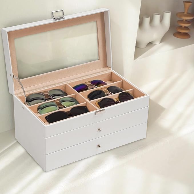 ProCase 3-layer Sunglasses Storage Organizer, 18 Slots Leather Sunglass Box Multiple Pairs Eyeglass Cases Eye Glass Eyewear Display Holder for Men Women, Father's Day Gift -White