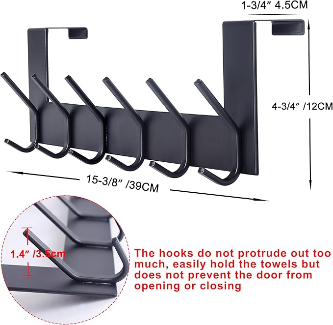 SKOLOO Over The Door Hook - for Doors up to 1-3/4'' Thickness, Black, No Assembly Required, Stainless Steel, Door Coat Rack for Entryway & Bathroom Hanging Coats, Backpack, Robes, Towels, Pack of 2