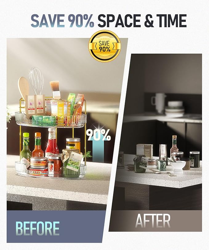 2-Tier Corner Bathroom Organizer Counter - Acrylic Makeup Skincare Organizer with Brush Holder, Perfume Tray for Countertop, Vanity, Dresser, Kitchen（Clear）